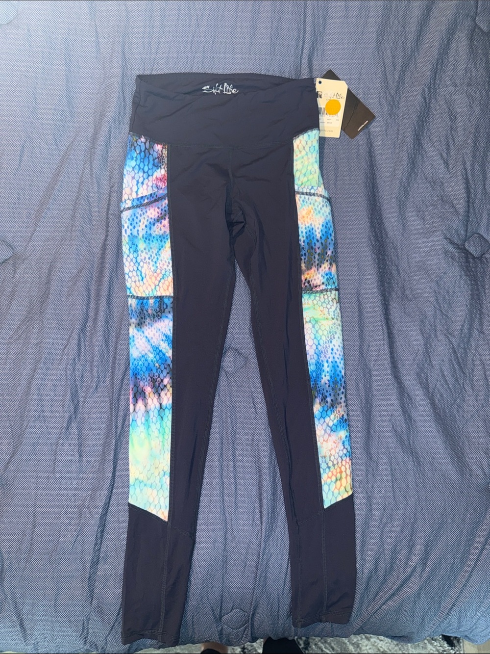 Salt Life Black Leggings with Blue and Aqua Tie-Dye Side Panels
